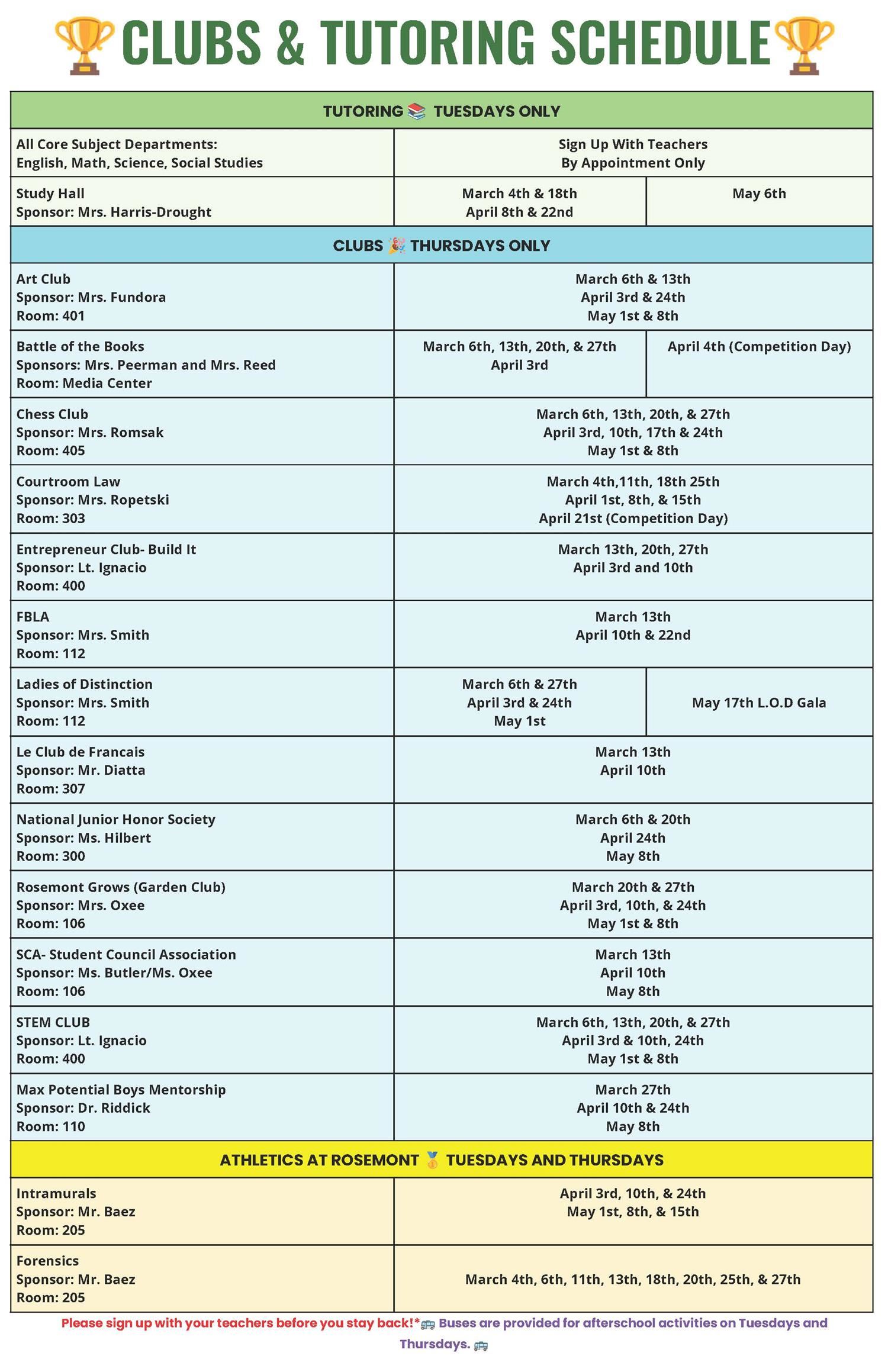  Clubs & Tutoring Schedule for Quarter 4